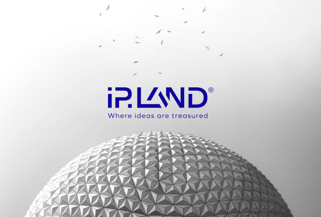 Identyfikacja wizualna marki prawniczej – logo ip.land na tle geodezyjnej kuli, hasło „Where ideas are treasured”