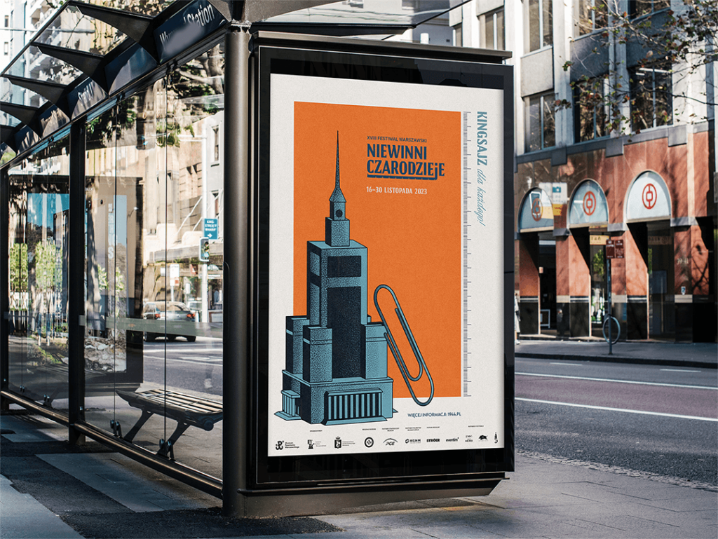 Oprawa graficzna wydarzenia – główny plakat festiwalu Niewinni Czarodzieje na przystanku autobusowym w Warszawie