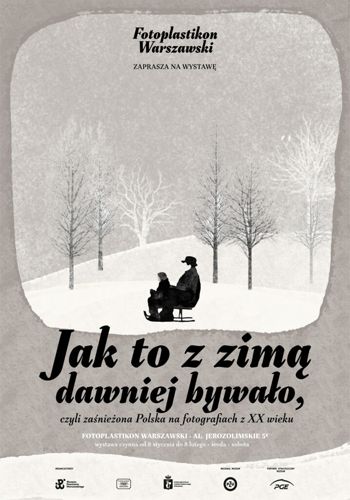 Exhibition poster featuring a winter landscape with a sleigh and figures in the snow.