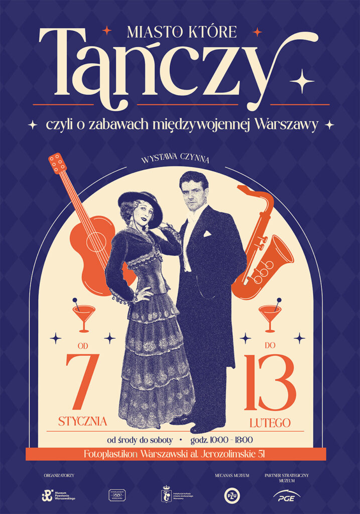 Exhibition poster about interwar Warsaw, featuring an elegant dancing couple and illustrations of musical instruments.