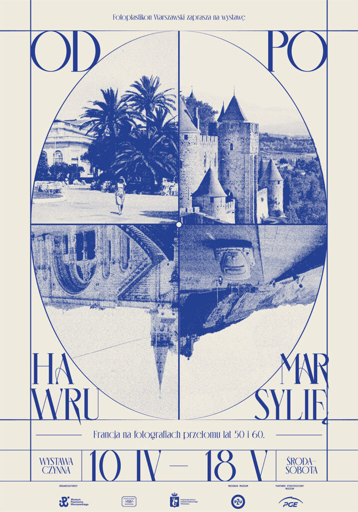 Exhibition poster with four photographs of France arranged in an oval composition.