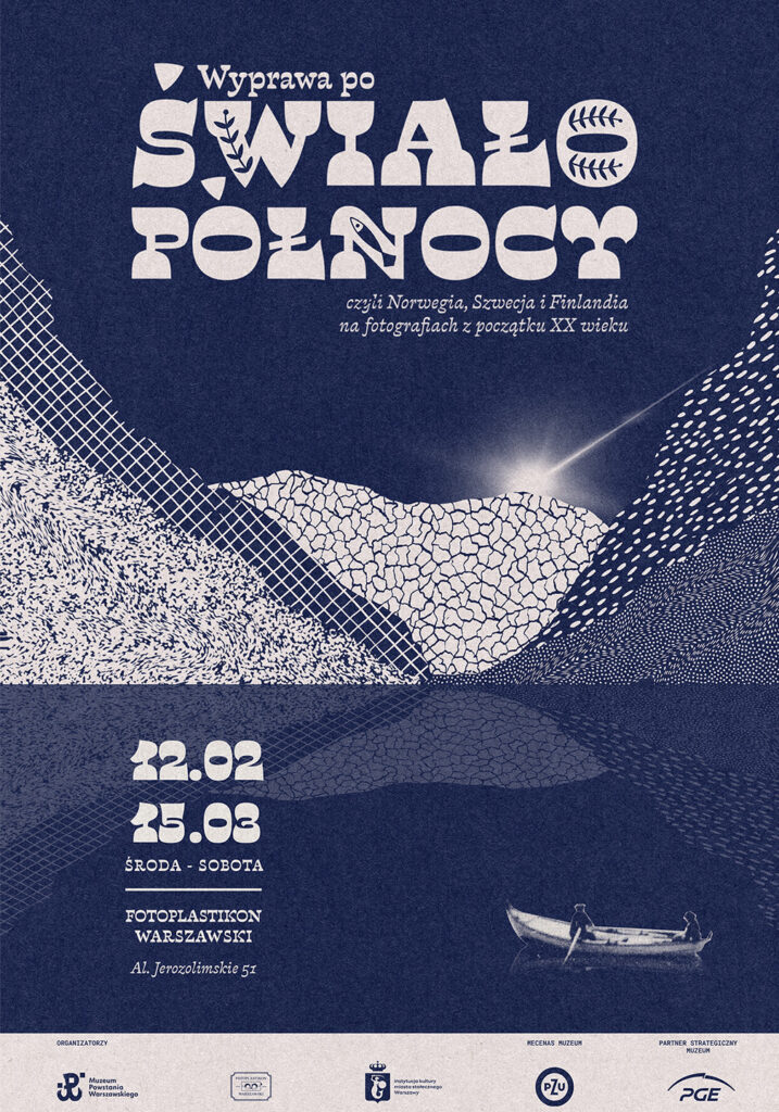 Exhibition poster about Norway, Sweden and Finland, featuring a night-time mountain landscape, a lake and a boat.