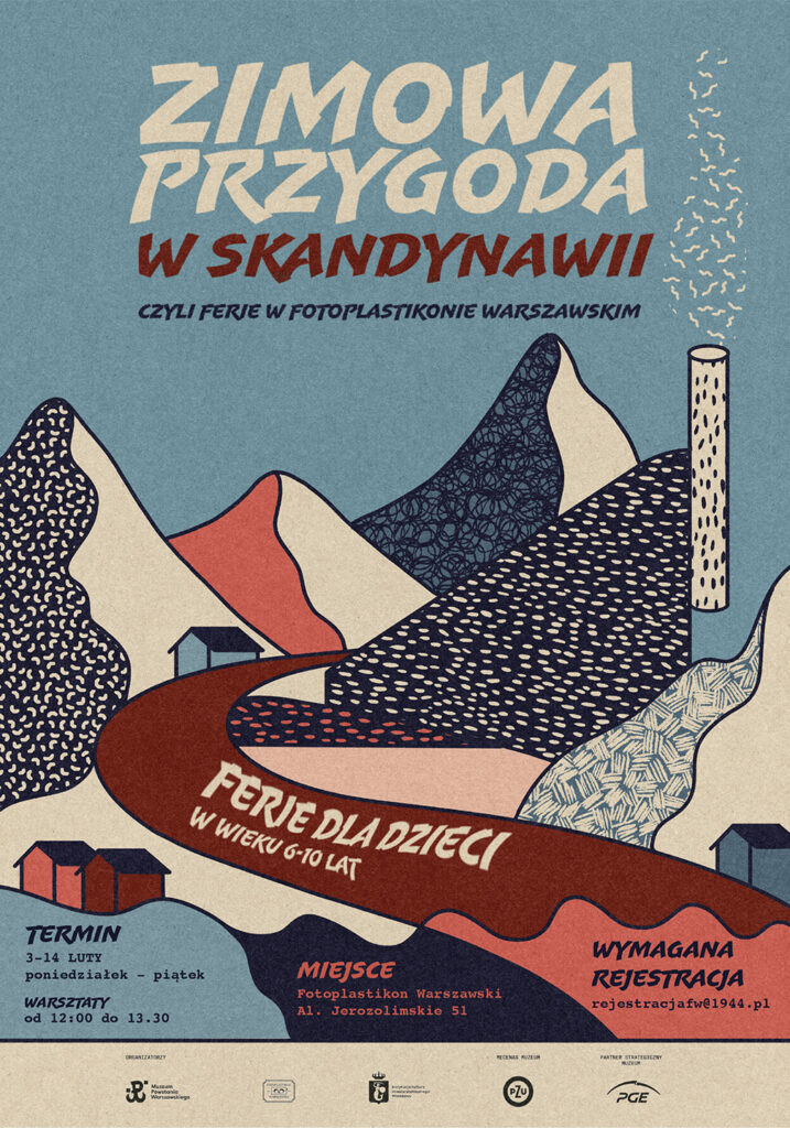 Poster for the children's workshop “Zimowa przygoda w Skandynawii”, featuring mountains, a snowy landscape and Nordic cottages.