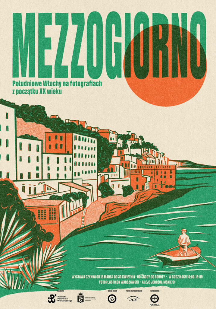 Exhibition poster for “Mezzogiorno” featuring a coastal Italian town on a cliff and a boat at sea.