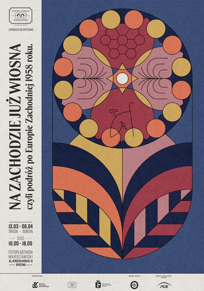 Geometric exhibition poster for “Na zachodzie wiosna”, with an abstract composition inspired by travel through Western Europe.