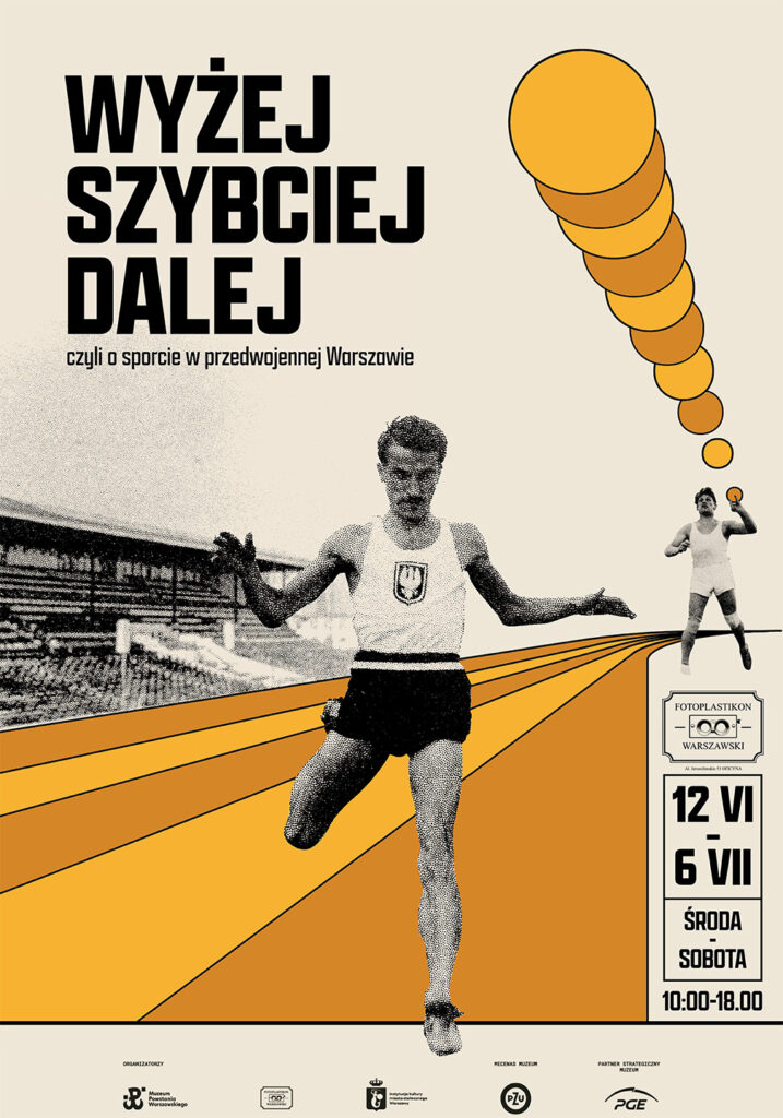 Exhibition poster about sport in pre-war Warsaw, featuring an archival photograph of a runner and a running track.