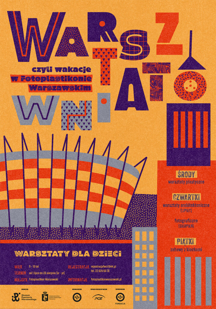 Colourful children's workshop poster with a typographic composition and an illustration of the Warsaw Fotoplastikon building.