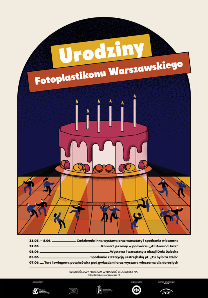 Warsaw Fotoplastikon birthday poster featuring a large cake, candles and dancing figures.
