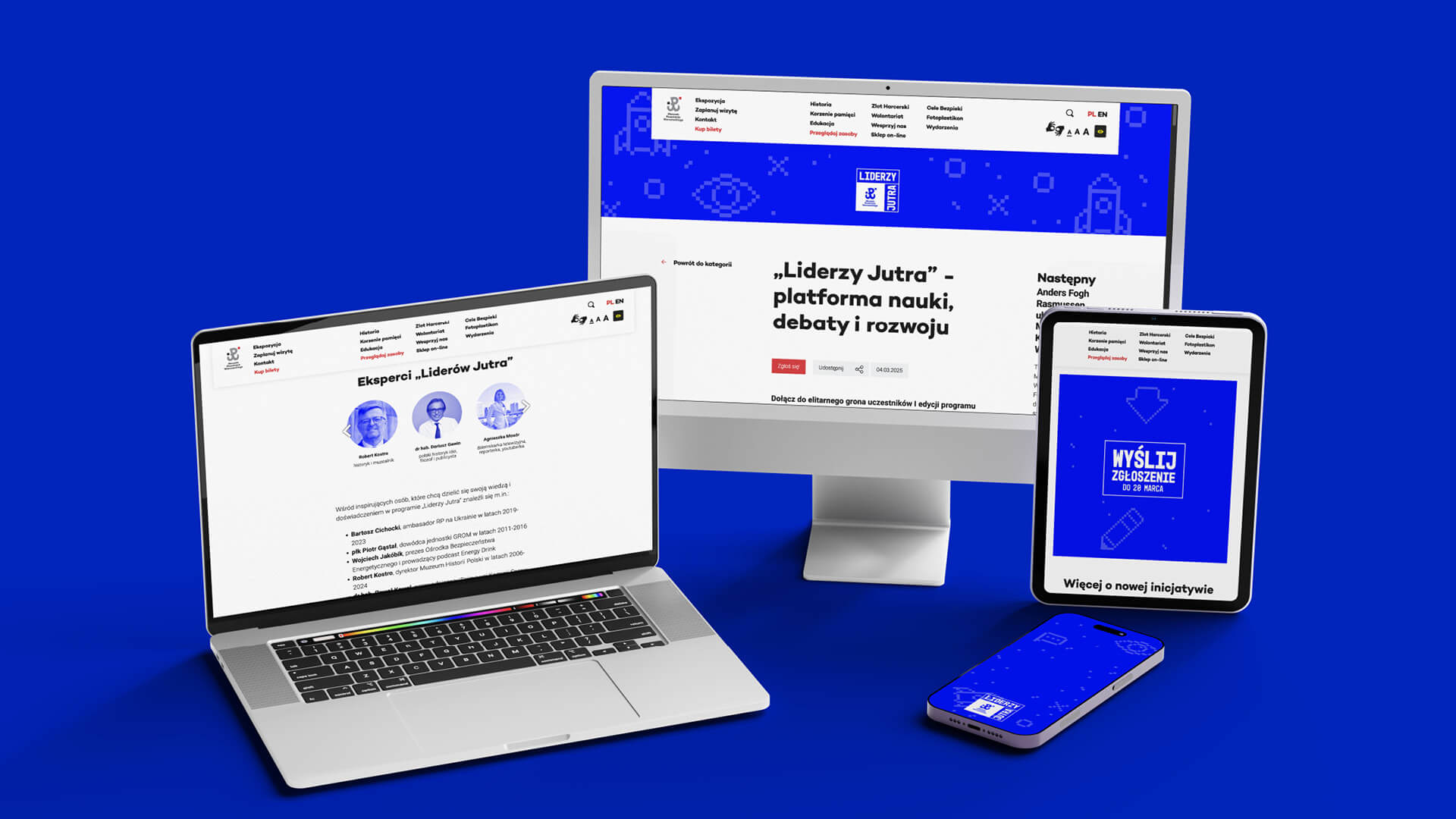 Responsywny projekt strony internetowej wydarzenia Liderzy Jutra na komputerze, tablecie i smartfonie.