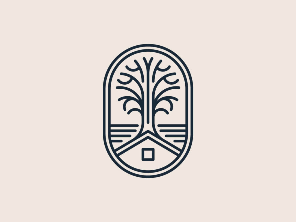 Logo Projekt Las przedstawiające stylizowane drzewo i dom w minimalistycznej formie liniowej.