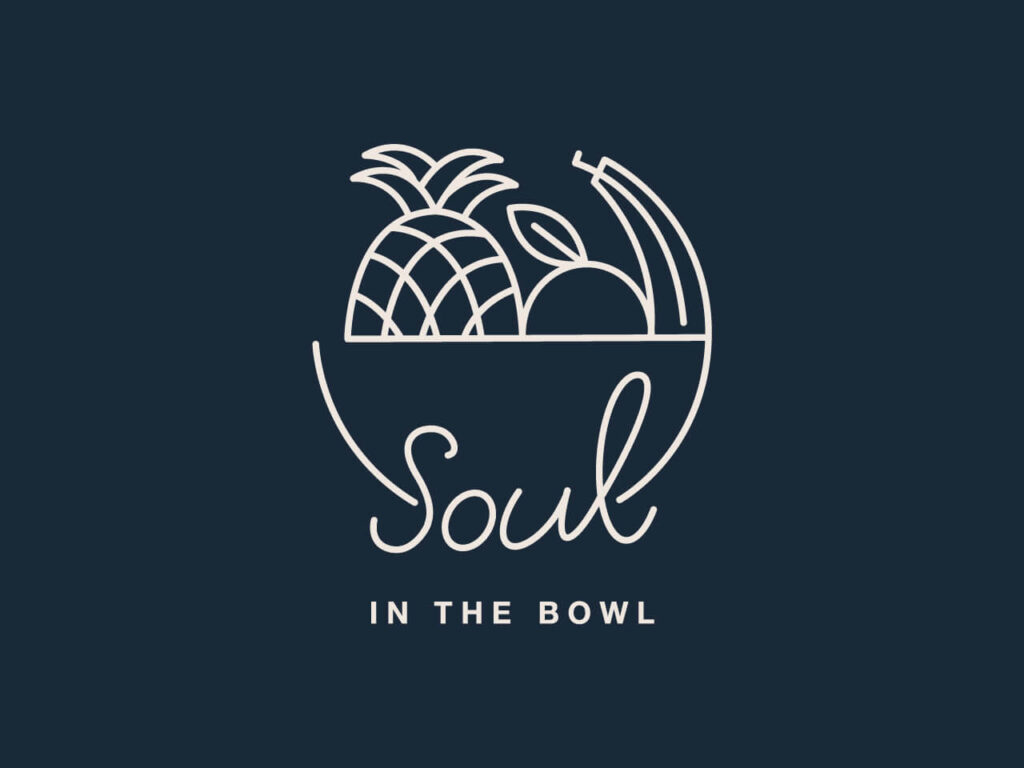 Logo restauracji Soul in the Bowl z ilustracją misy pełnej owoców wykonane w minimalistycznym stylu.