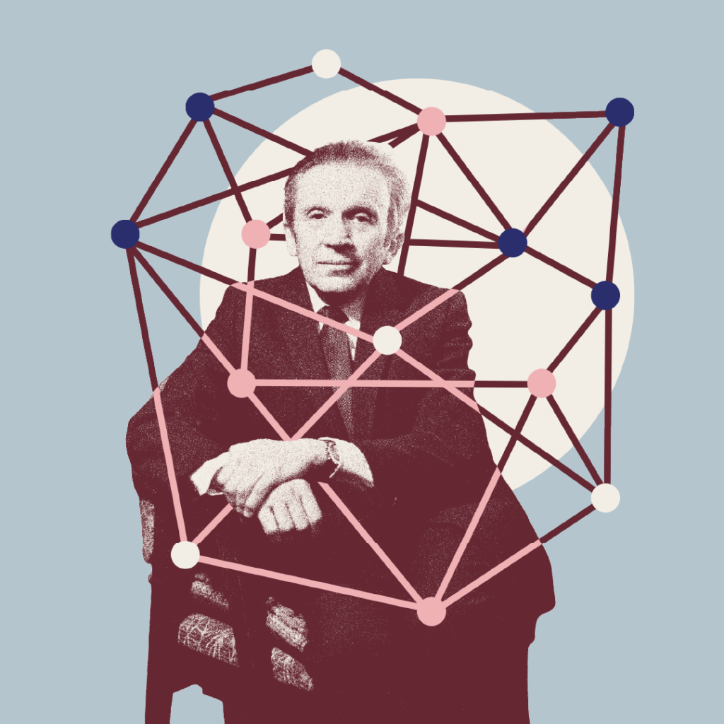 Autorska ilustracja przedstawiająca Mieczysława Wajnberga wykorzystana jako motyw przewodni projektu strony internetowej Uniwersum Wajnberga dla Instytutu Wajnberga.
