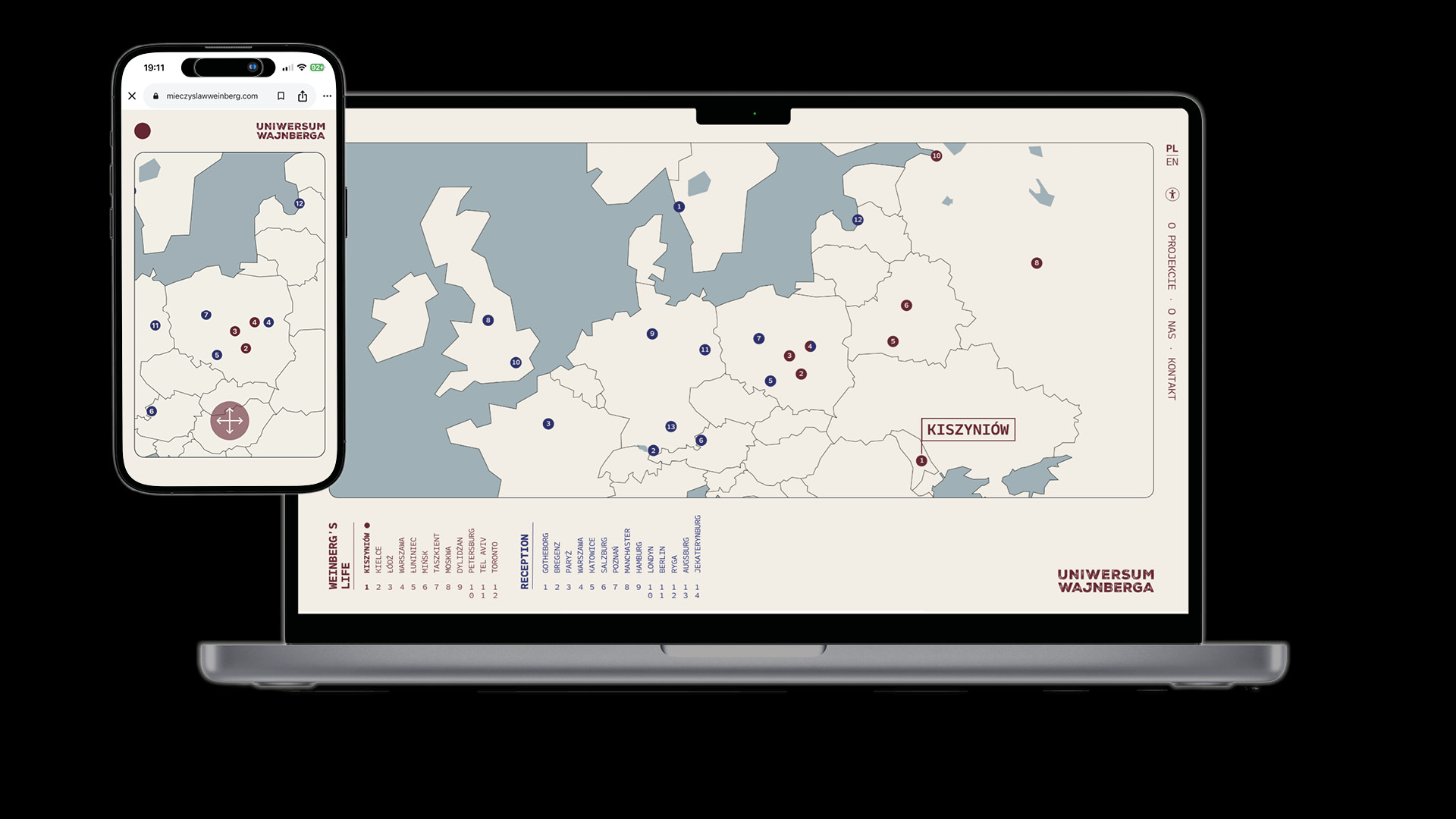 Responsywna mapa prezentująca miejsca związane z życiem i twórczością Mieczysława Wajnberga