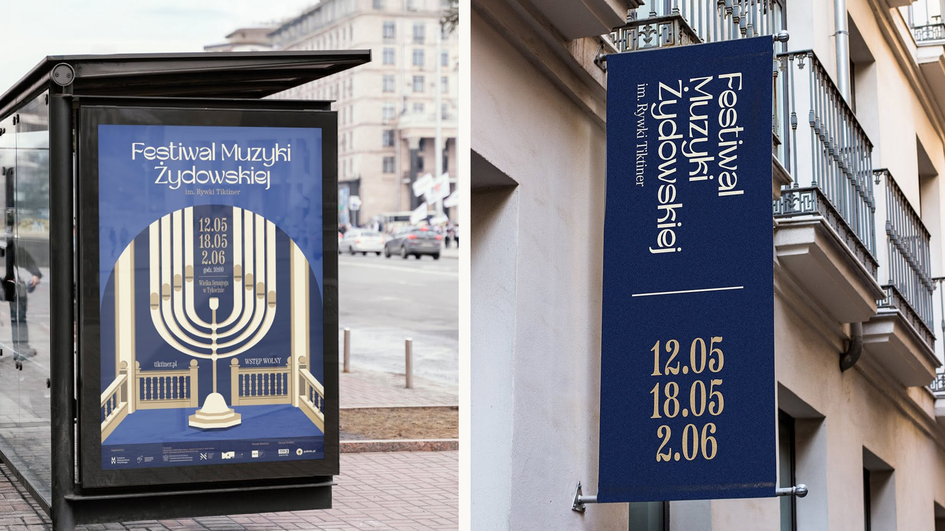 Identyfikacja wizualna festiwalu – plakat i baner uliczny Festiwalu Muzyki Żydowskiej im. Rywki Tiktiner, edycja 2024