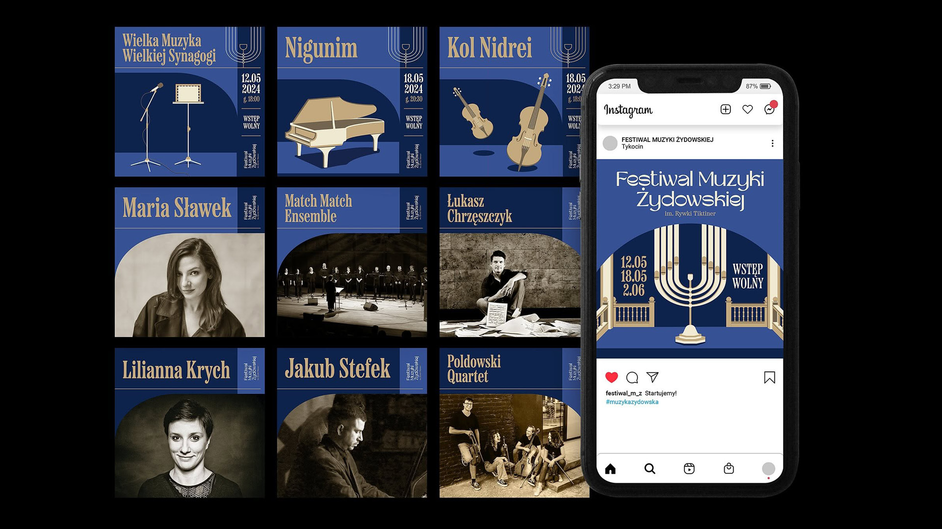 Identyfikacja wizualna festiwalu – grafiki na social media Festiwalu Muzyki Żydowskiej im. Rywki Tiktiner, edycja 2024