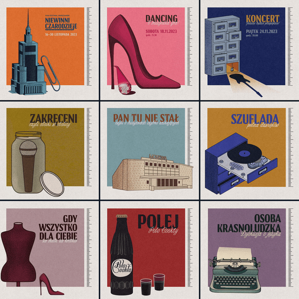 Illustrations for the Niewinni Czarodzieje festival identity, variant 1