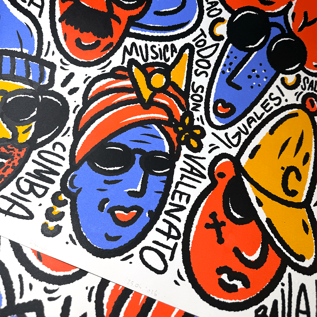 Plakat Cali – detal ilustracji Detal plakatu Cali – postać w turbanie i napisy cumbia oraz vallenato w sitodruku