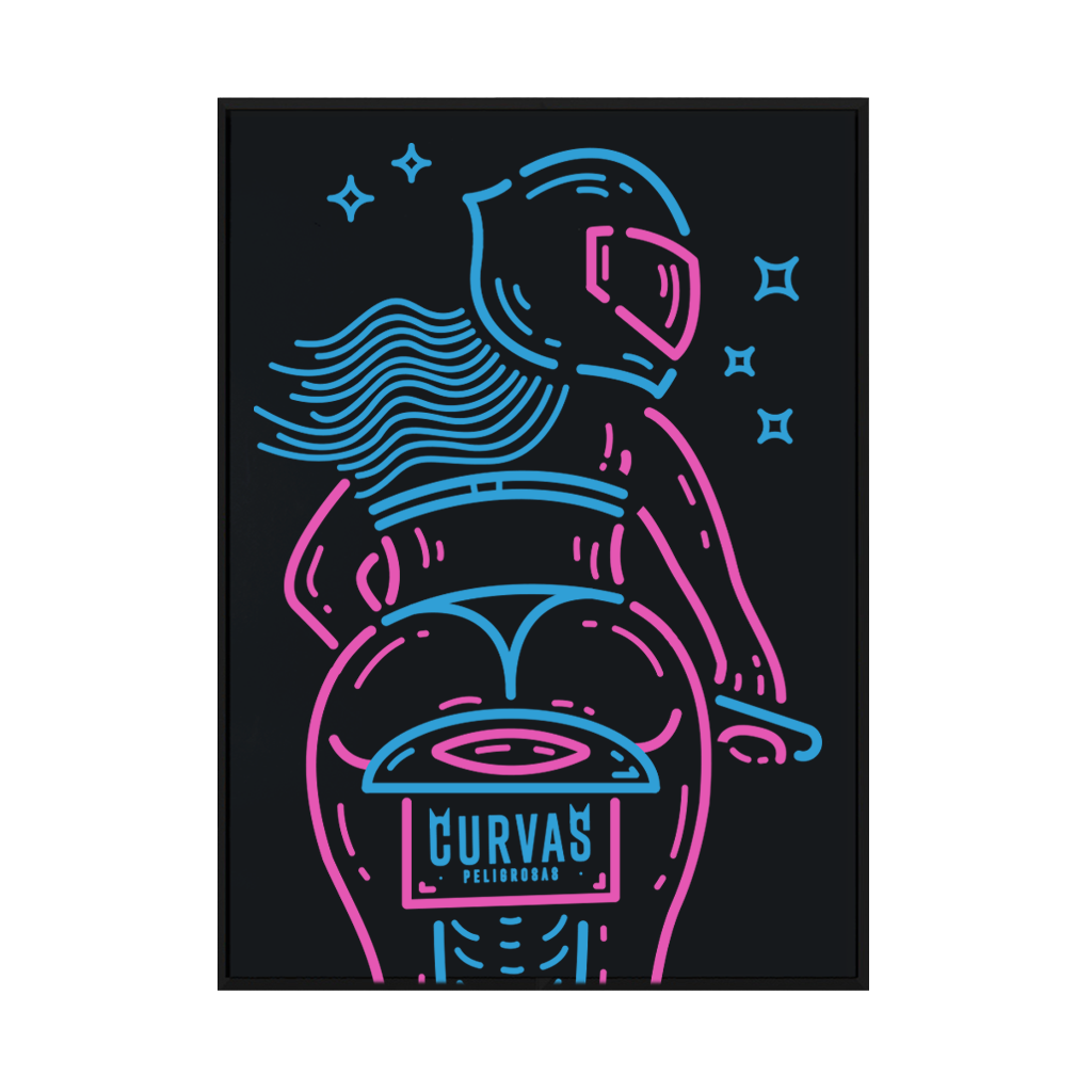 Curvas_peligrosas_1 Plakat motocyklowy Curvas Peligrosas – motocyklistka w neonowych liniach różu i błękitu na czarnym tle