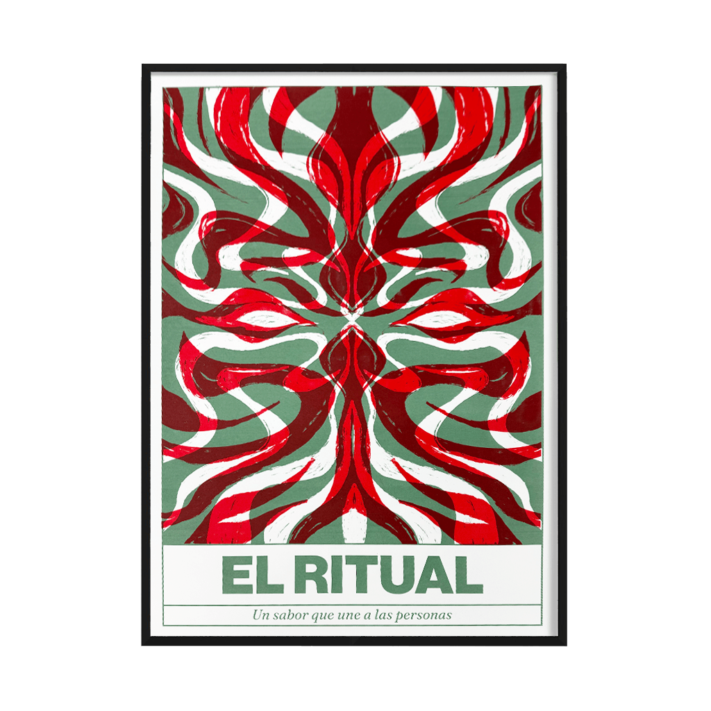 Plakat El Ritual – symetryczny ornament w czerwieni na zielonym tle i hasło Un sabor que une a las personas, sitodruk 50x70 cm