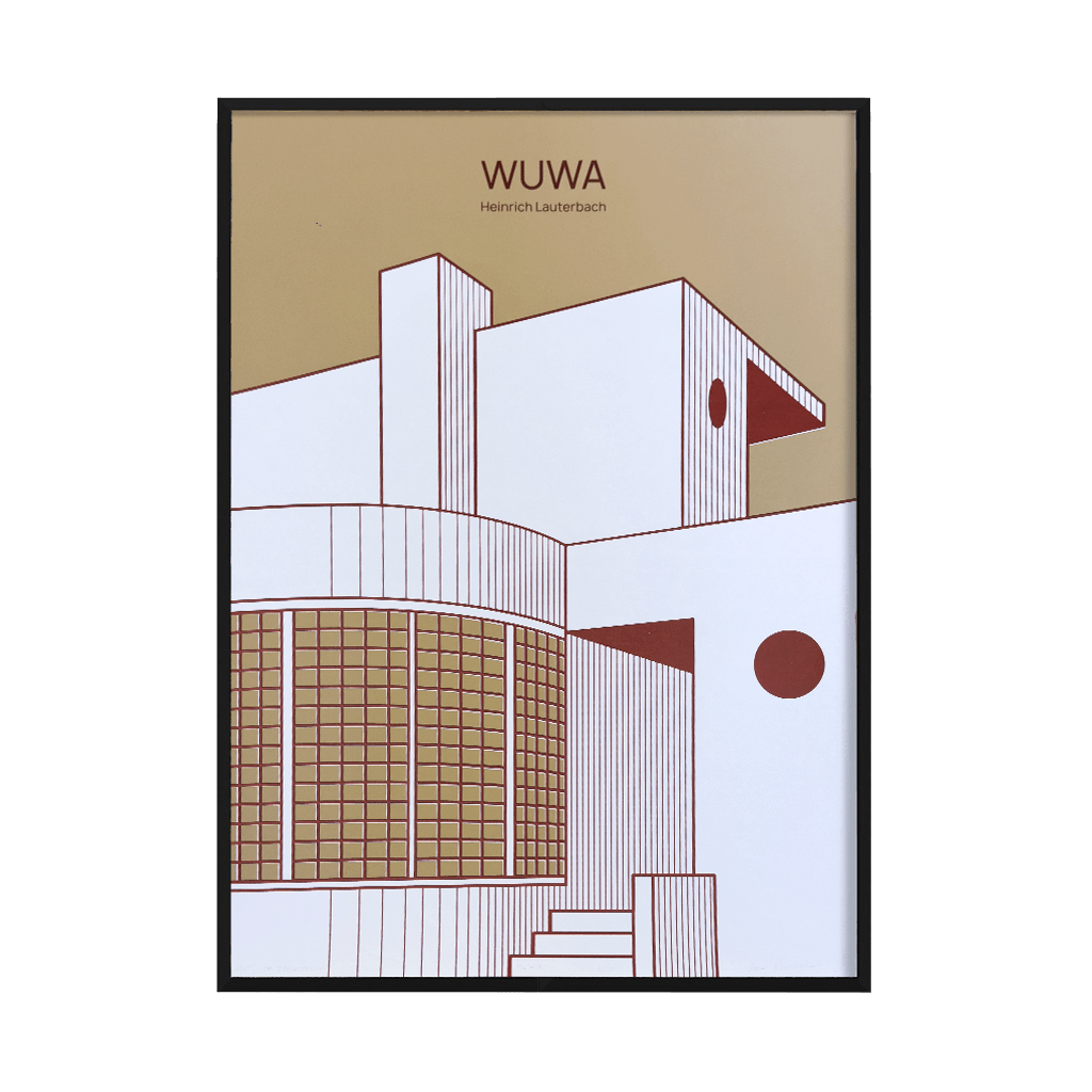 Plakat WUWA Wrocław – ilustracja modernistycznej architektury Heinricha Lauterbacha